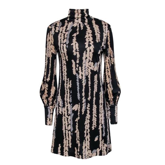 Trina Turk Silk Mock Neck Abstract Leaf Print Mini Dress‎ Black Size 10 - Picture 3 of 12
